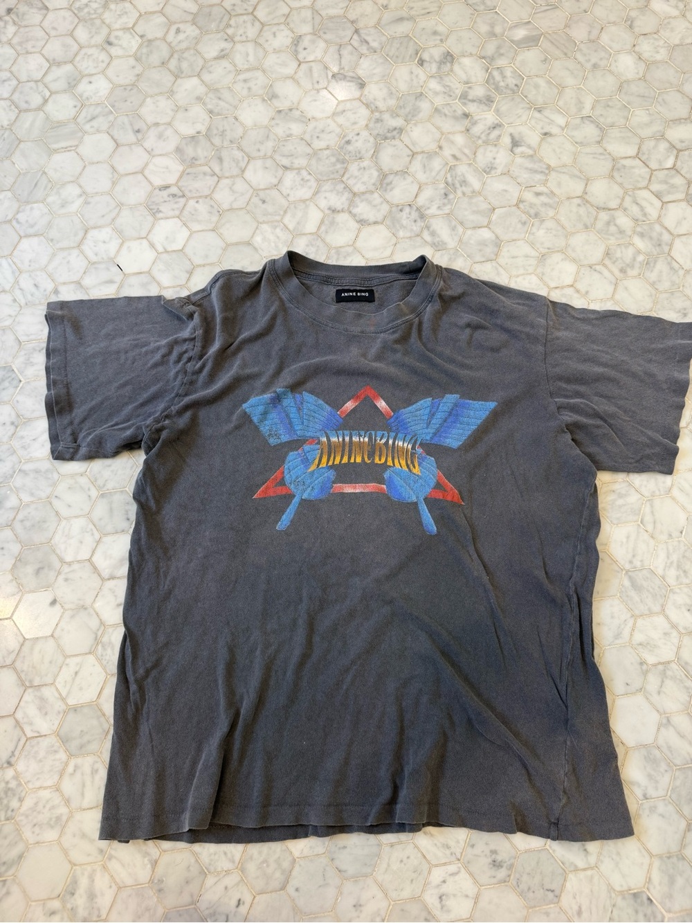 Anine Bing Black Short-Sleeve Tee with butterfly with Blue & Red Logo